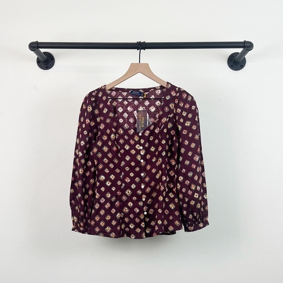 NWT Polo Ralph Lauren Block Print Linen Button Down Top - Picture 3 of 6